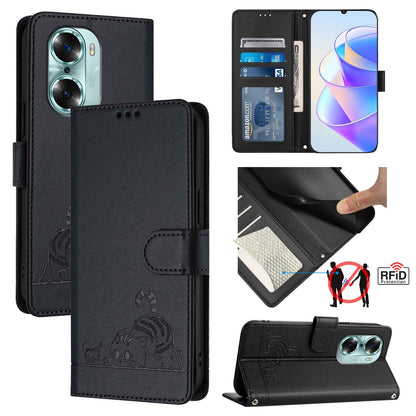 Honor 60 5G Cat & Rat Embossed RFID Leather Case, Lanyard, Wallet, Card Slots, Kickstand, Anti-Fall, Scratch-Resistant
