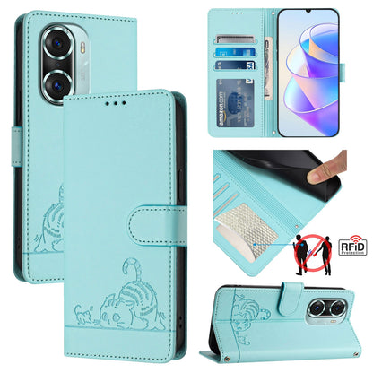 Honor 60 Pro 5G Cat & Rat Embossed RFID Leather Case, Lanyard, Wallet, Card Slots, Kickstand, Anti-Fall, Scratch-Resistant