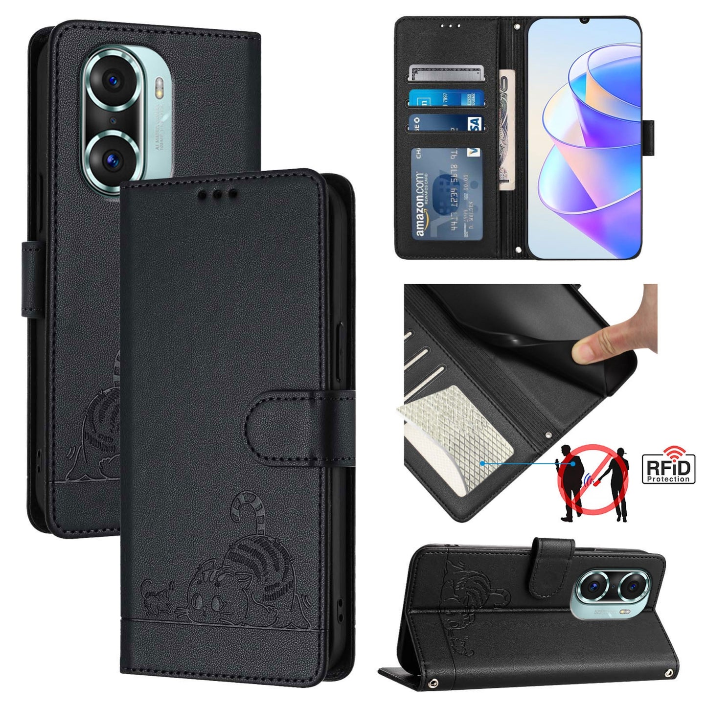 Honor 60 Pro 5G Cat & Rat Embossed RFID Leather Case, Lanyard, Wallet, Card Slots, Kickstand, Anti-Fall, Scratch-Resistant