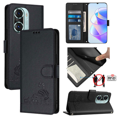 Honor 60 Pro 5G Cat & Rat Embossed RFID Leather Case, Lanyard, Wallet, Card Slots, Kickstand, Anti-Fall, Scratch-Resistant