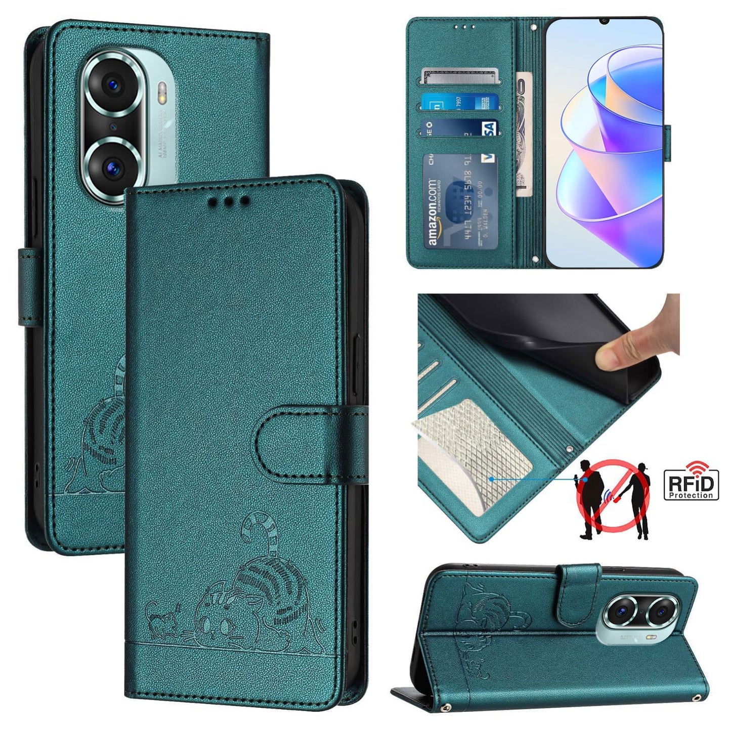 Honor 60 Pro 5G Cat & Rat Embossed RFID Leather Case, Lanyard, Wallet, Card Slots, Kickstand, Anti-Fall, Scratch-Resistant