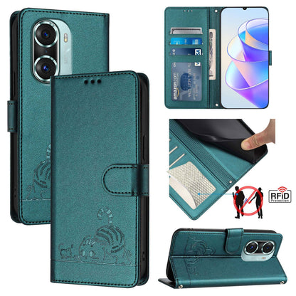 Honor 60 Pro 5G Cat & Rat Embossed RFID Leather Case, Lanyard, Wallet, Card Slots, Kickstand, Anti-Fall, Scratch-Resistant
