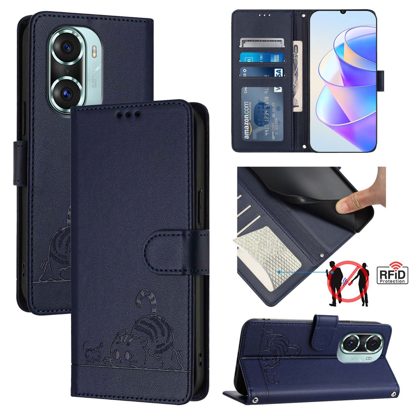 Honor 60 Pro 5G Cat & Rat Embossed RFID Leather Case, Lanyard, Wallet, Card Slots, Kickstand, Anti-Fall, Scratch-Resistant