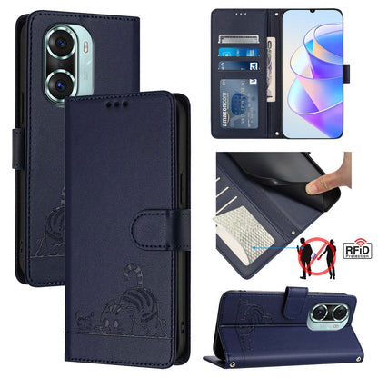 Honor 60 Pro 5G Cat & Rat Embossed RFID Leather Case, Lanyard, Wallet, Card Slots, Kickstand, Anti-Fall, Scratch-Resistant
