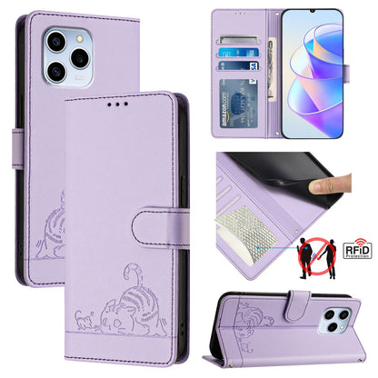 Honor 60 SE 5G Cat & Rat Embossed RFID Leather Case, Lanyard, Wallet, Card Slots, Kickstand, Anti-Fall, Scratch-Resistant