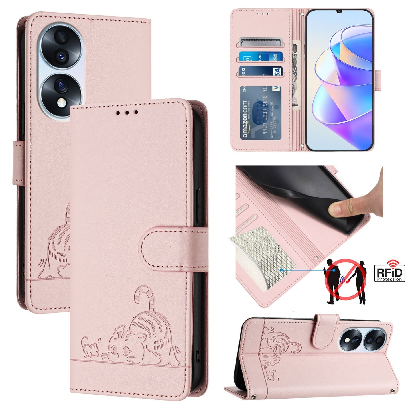 Honor 70 5G Cat & Rat Embossed RFID Leather Case, Lanyard, Wallet, Card Slots, Kickstand, Anti-Fall, Scratch-Resistant