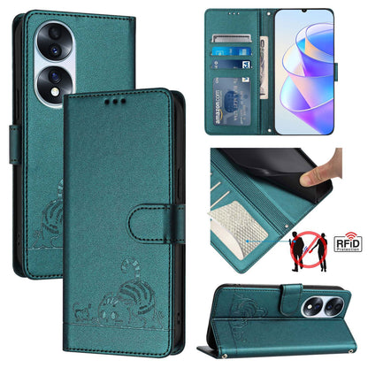 Honor 70 5G Cat & Rat Embossed RFID Leather Case, Lanyard, Wallet, Card Slots, Kickstand, Anti-Fall, Scratch-Resistant