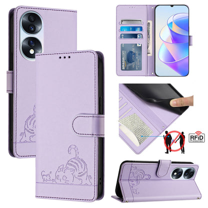 Honor 70 5G Cat & Rat Embossed RFID Leather Case, Lanyard, Wallet, Card Slots, Kickstand, Anti-Fall, Scratch-Resistant