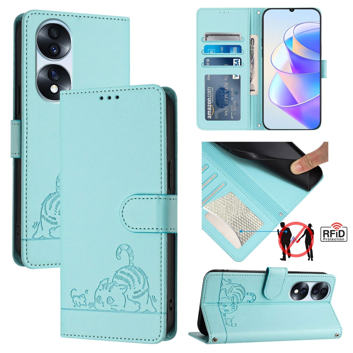 Honor 70 Pro 5G Cat & Rat Embossed RFID Leather Case, Lanyard, Wallet, Card Slots, Kickstand, Anti-Fall, Scratch-Resistant