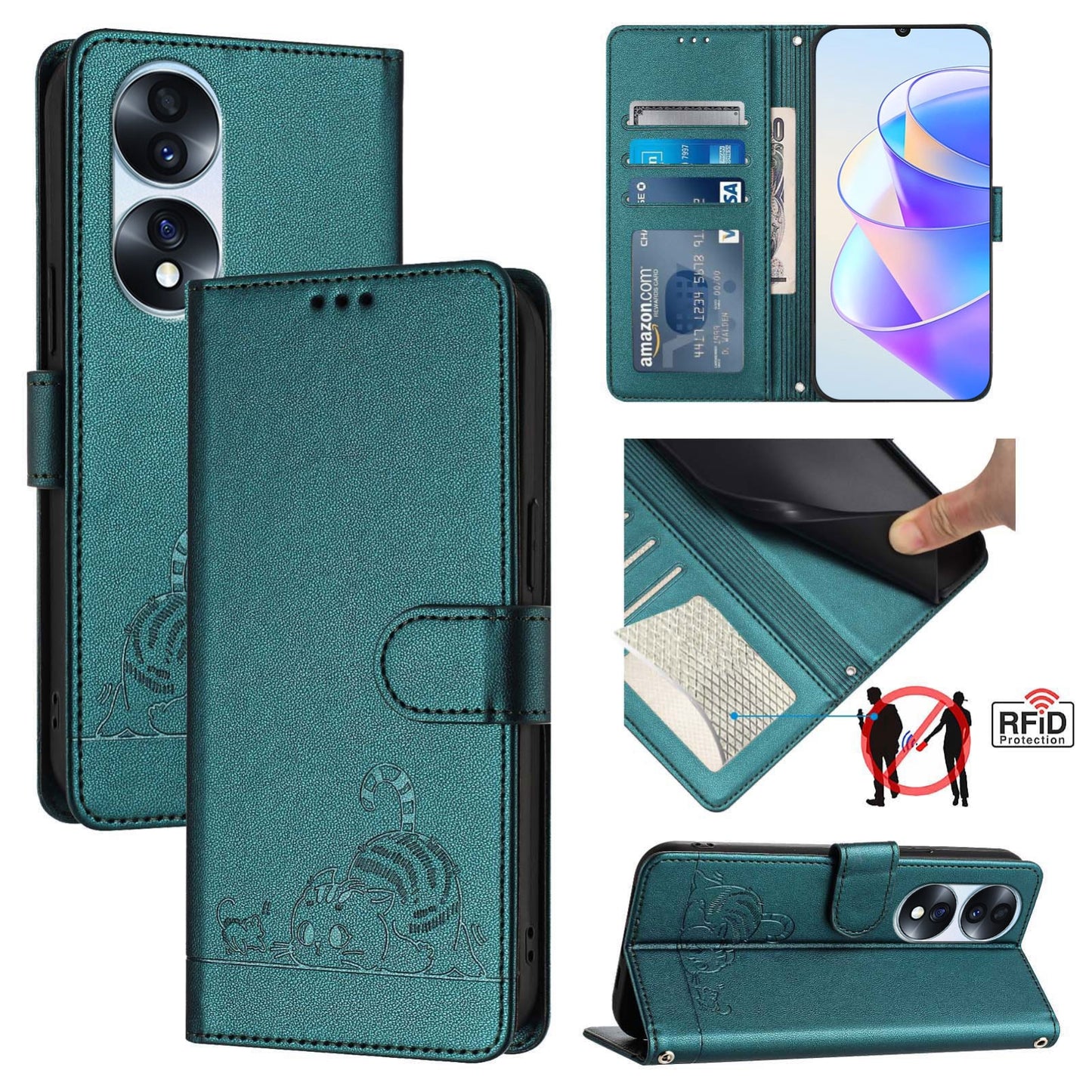 Honor 70 Pro 5G Cat & Rat Embossed RFID Leather Case, Lanyard, Wallet, Card Slots, Kickstand, Anti-Fall, Scratch-Resistant
