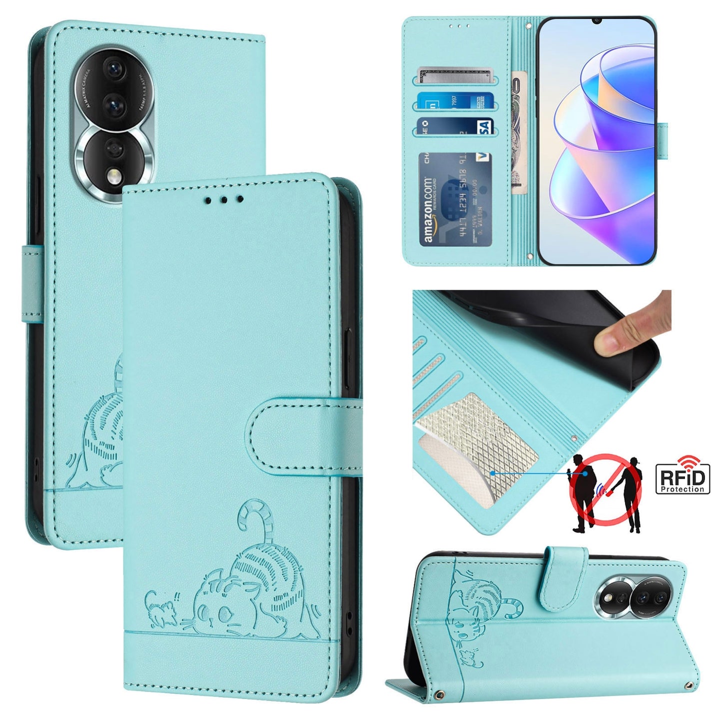 Honor 80 5G Cat & Rat Embossed RFID Leather Case, Lanyard, Wallet, Card Slots, Kickstand, Anti-Fall, Scratch-Resistant