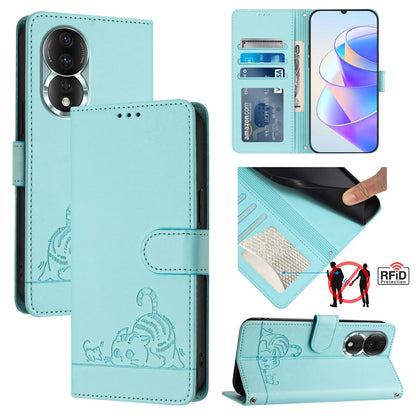 Honor 80 5G Cat & Rat Embossed RFID Leather Case, Lanyard, Wallet, Card Slots, Kickstand, Anti-Fall, Scratch-Resistant
