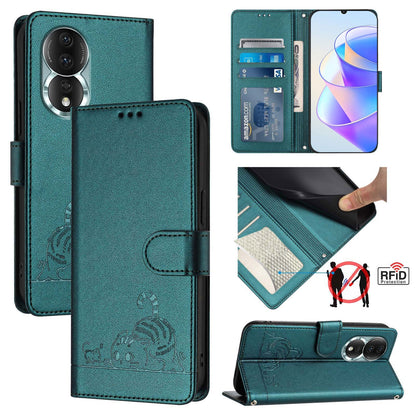 Honor 80 5G Cat & Rat Embossed RFID Leather Case, Lanyard, Wallet, Card Slots, Kickstand, Anti-Fall, Scratch-Resistant