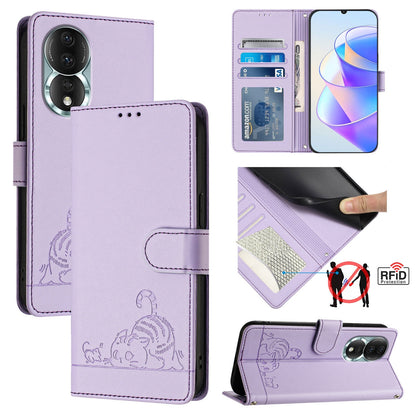 Honor 80 5G Cat & Rat Embossed RFID Leather Case, Lanyard, Wallet, Card Slots, Kickstand, Anti-Fall, Scratch-Resistant