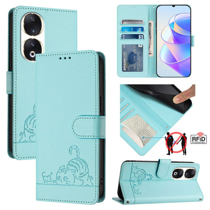 Honor 90 5G Cat & Rat Embossed RFID Leather Case, Lanyard, Wallet, Card Slots, Kickstand, Anti-Fall, Scratch-Resistant