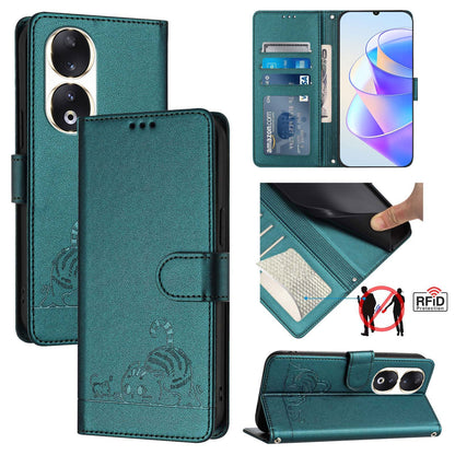 Honor 90 5G Cat & Rat Embossed RFID Leather Case, Lanyard, Wallet, Card Slots, Kickstand, Anti-Fall, Scratch-Resistant
