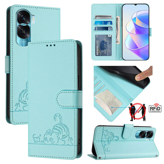 Honor X50i 5G Cat & Rat Embossed RFID Leather Case, Lanyard, Wallet, Card Slots, Kickstand, Anti-Fall, Scratch-Resistant