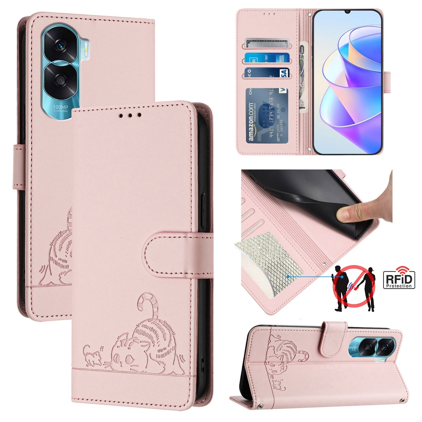 Honor X50i 5G Cat & Rat Embossed RFID Leather Case, Lanyard, Wallet, Card Slots, Kickstand, Anti-Fall, Scratch-Resistant