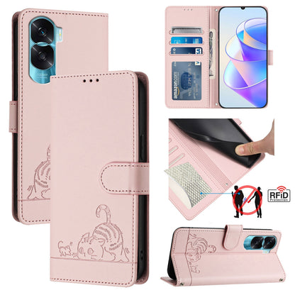 Honor X50i 5G Cat & Rat Embossed RFID Leather Case, Lanyard, Wallet, Card Slots, Kickstand, Anti-Fall, Scratch-Resistant