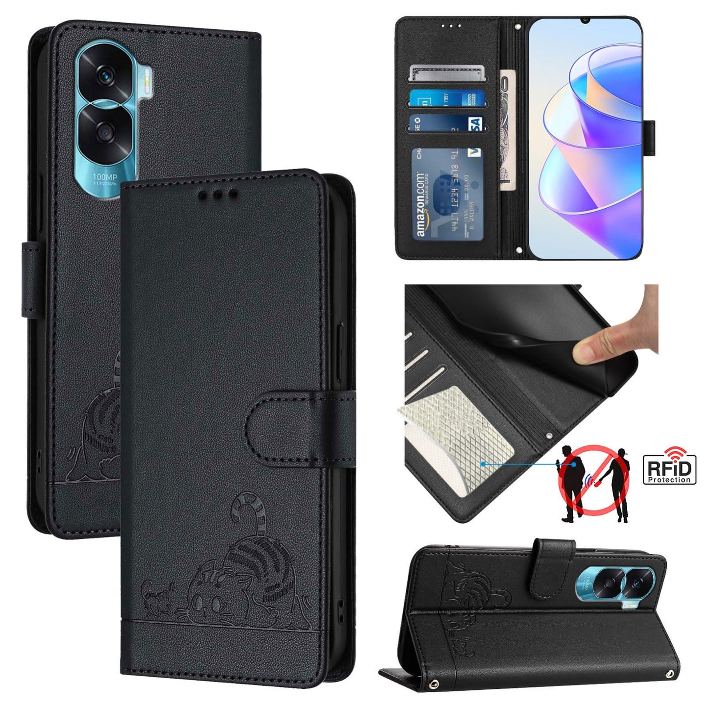 Honor X50i 5G Cat & Rat Embossed RFID Leather Case, Lanyard, Wallet, Card Slots, Kickstand, Anti-Fall, Scratch-Resistant