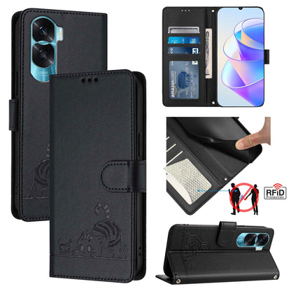 Honor X50i 5G Cat & Rat Embossed RFID Leather Case, Lanyard, Wallet, Card Slots, Kickstand, Anti-Fall, Scratch-Resistant