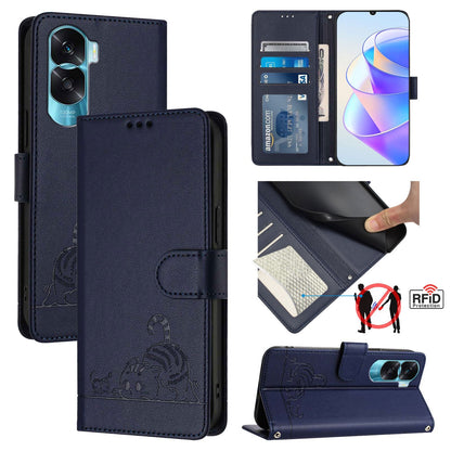 Honor X50i 5G Cat & Rat Embossed RFID Leather Case, Lanyard, Wallet, Card Slots, Kickstand, Anti-Fall, Scratch-Resistant