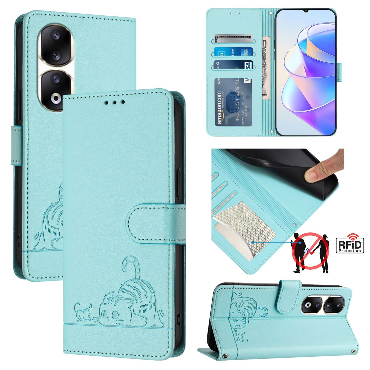 Honor 90 Pro 5G Cat & Rat Embossed RFID Leather Case, Lanyard, Wallet, Card Slots, Kickstand, Anti-Fall, Scratch-Resistant