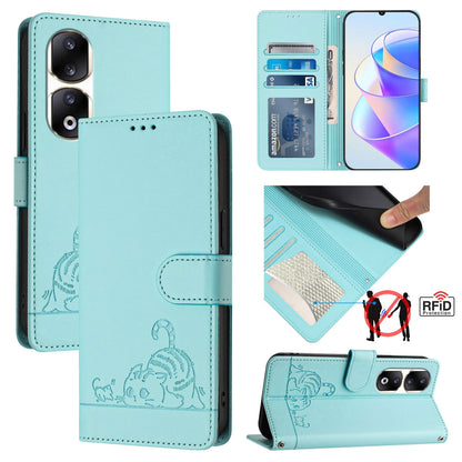 Honor 90 Pro 5G Cat & Rat Embossed RFID Leather Case, Lanyard, Wallet, Card Slots, Kickstand, Anti-Fall, Scratch-Resistant
