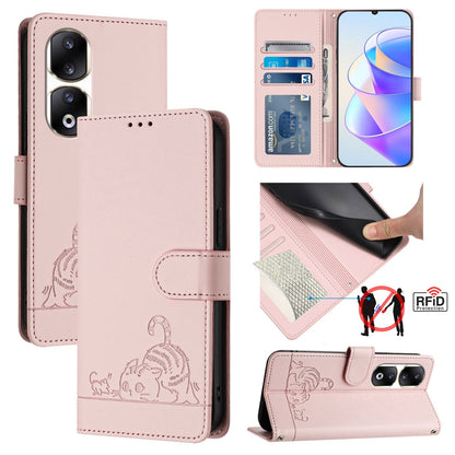 Honor 90 Pro 5G Cat & Rat Embossed RFID Leather Case, Lanyard, Wallet, Card Slots, Kickstand, Anti-Fall, Scratch-Resistant