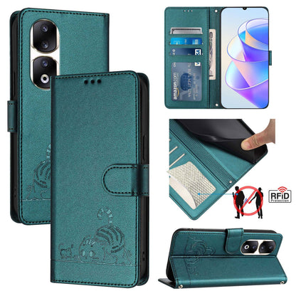 Honor 90 Pro 5G Cat & Rat Embossed RFID Leather Case, Lanyard, Wallet, Card Slots, Kickstand, Anti-Fall, Scratch-Resistant