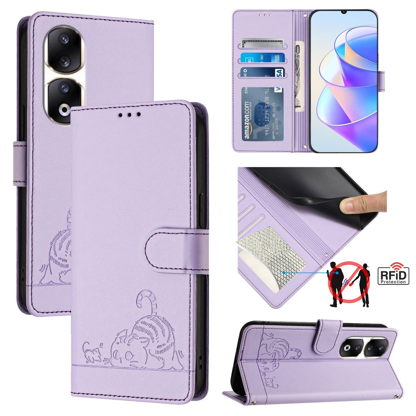 Honor 90 Pro 5G Cat & Rat Embossed RFID Leather Case, Lanyard, Wallet, Card Slots, Kickstand, Anti-Fall, Scratch-Resistant