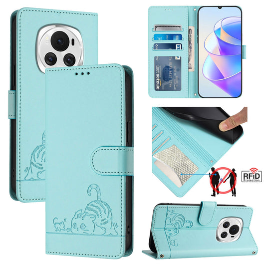 Honor Magic6 5G Global Cat & Rat Embossed RFID Leather Case, Lanyard, Wallet, Card Slots, Kickstand, Anti-Fall, Scratch-Resistant