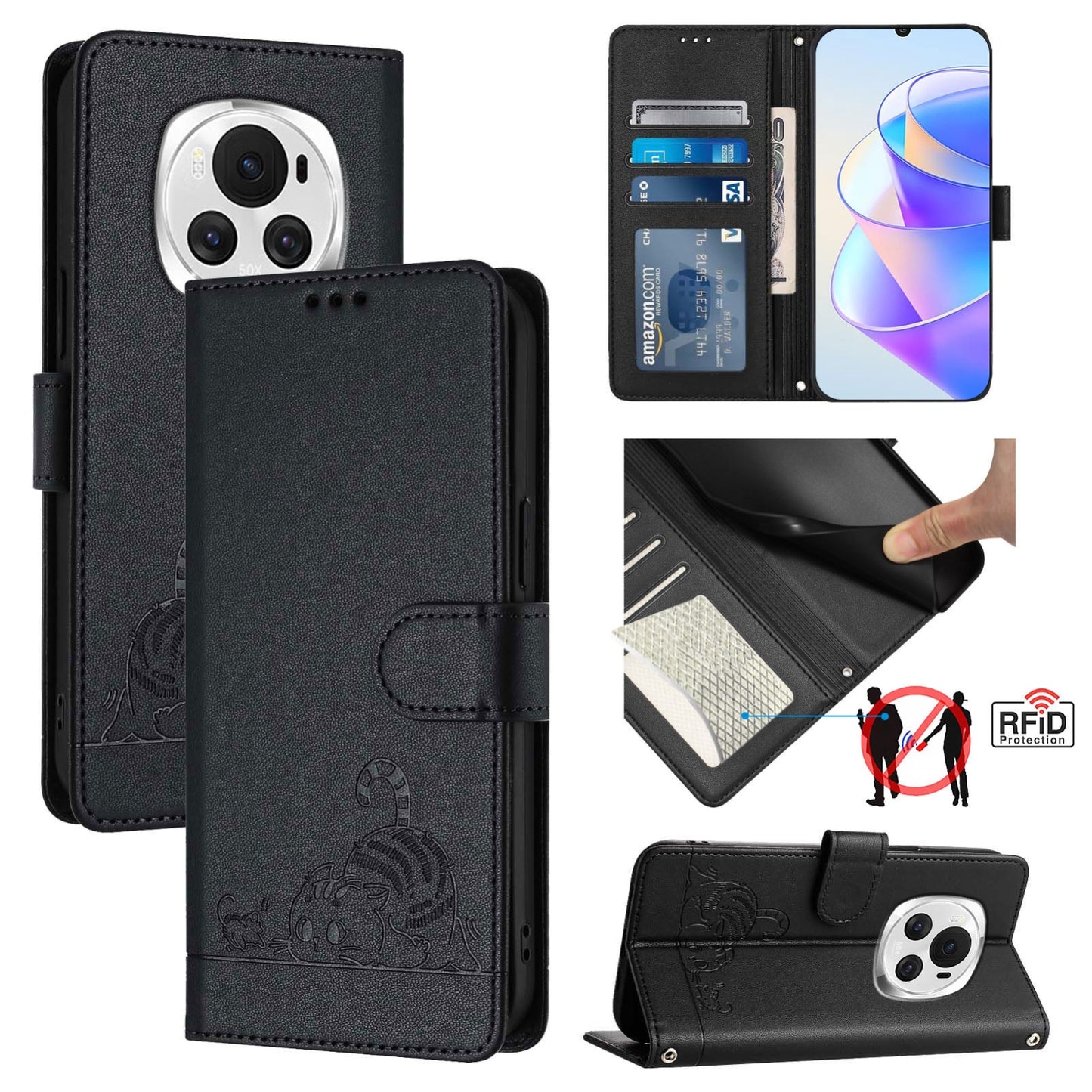 Honor Magic6 5G Global Cat & Rat Embossed RFID Leather Case, Lanyard, Wallet, Card Slots, Kickstand, Anti-Fall, Scratch-Resistant