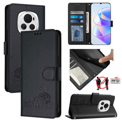 Honor Magic6 5G Global Cat & Rat Embossed RFID Leather Case, Lanyard, Wallet, Card Slots, Kickstand, Anti-Fall, Scratch-Resistant