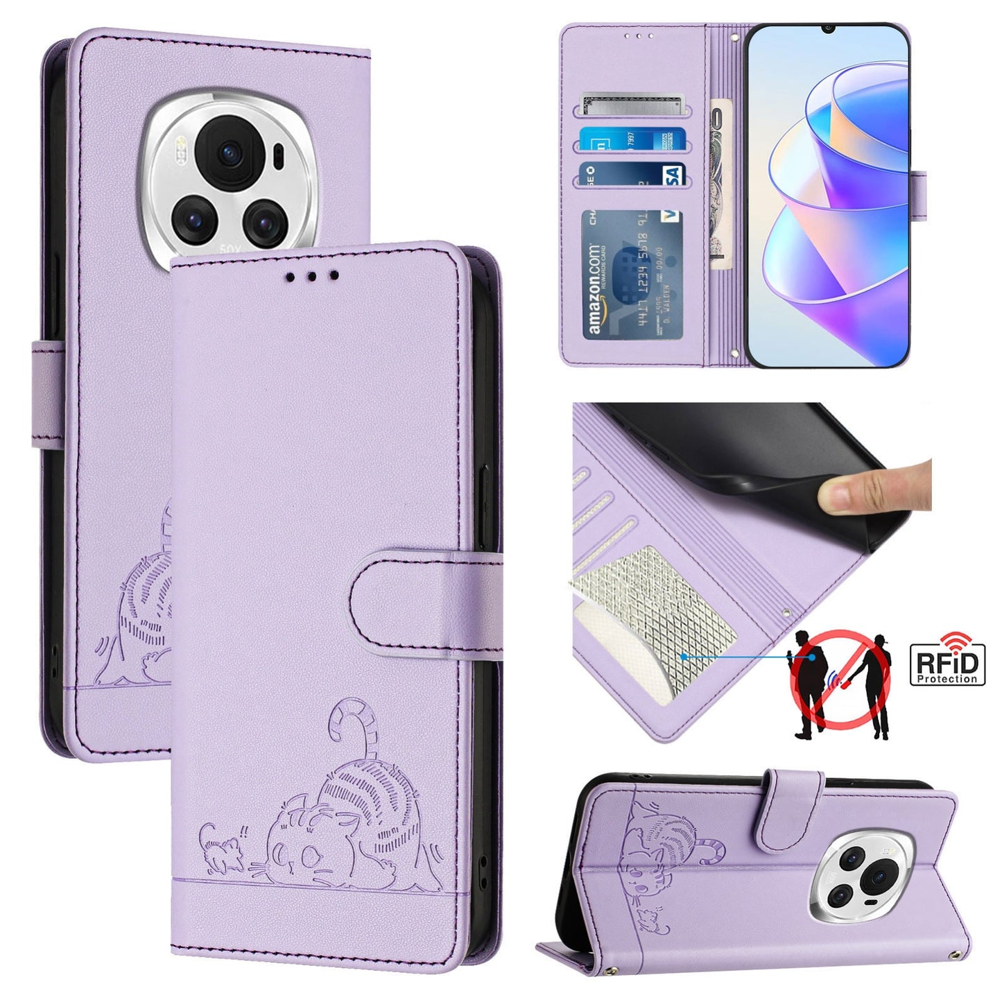 Honor Magic6 5G Global Cat & Rat Embossed RFID Leather Case, Lanyard, Wallet, Card Slots, Kickstand, Anti-Fall, Scratch-Resistant