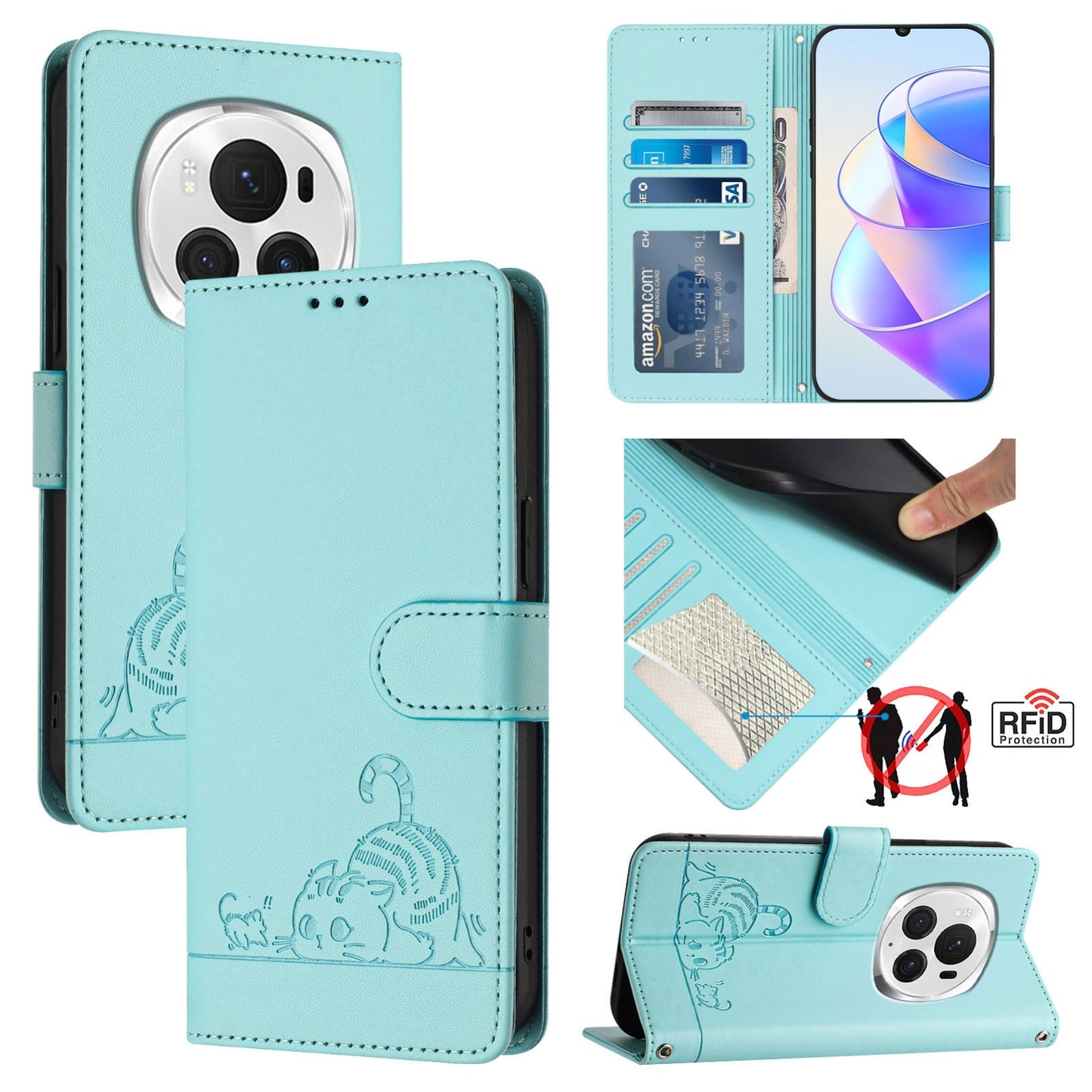 Honor Magic6 Pro 5G Global Cat & Rat Embossed RFID Leather Case, Lanyard, Wallet, Card Slots, Kickstand, Anti-Fall, Scratch-Resistant