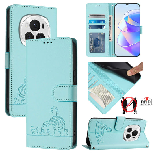 Honor Magic6 Pro 5G Global Cat & Rat Embossed RFID Leather Case, Lanyard, Wallet, Card Slots, Kickstand, Anti-Fall, Scratch-Resistant