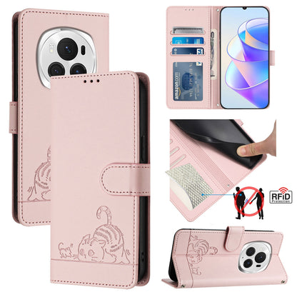 Honor Magic6 Pro 5G Global Cat & Rat Embossed RFID Leather Case, Lanyard, Wallet, Card Slots, Kickstand, Anti-Fall, Scratch-Resistant