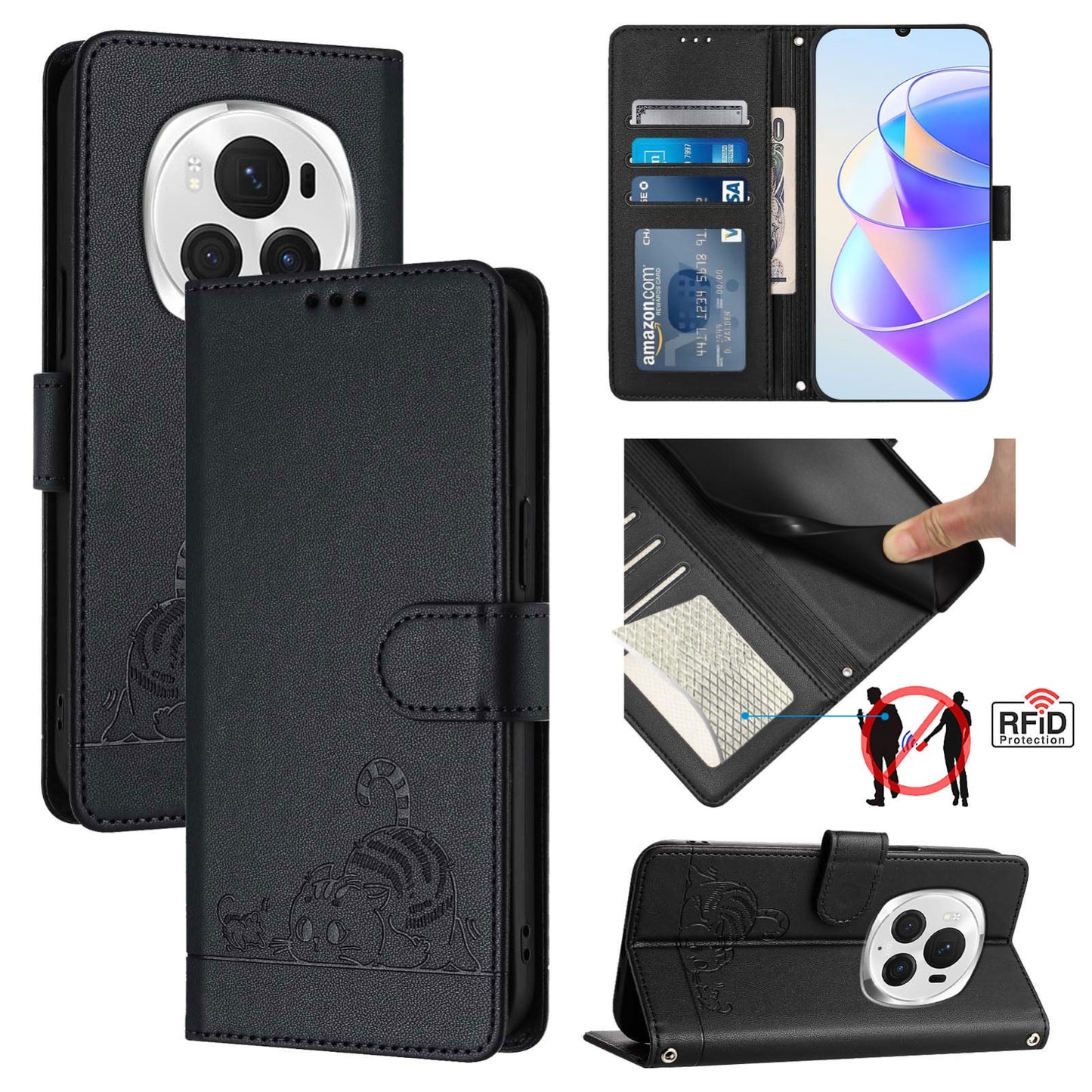 Honor Magic6 Pro 5G Global Cat & Rat Embossed RFID Leather Case, Lanyard, Wallet, Card Slots, Kickstand, Anti-Fall, Scratch-Resistant
