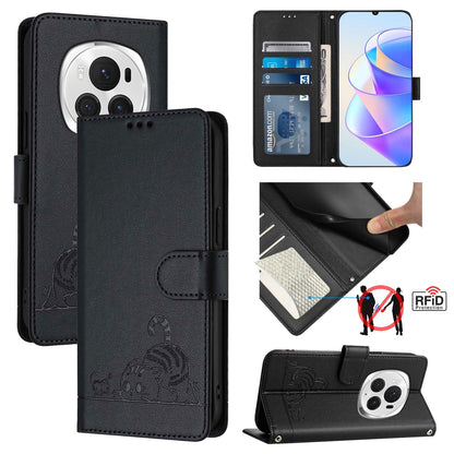 Honor Magic6 Pro 5G Global Cat & Rat Embossed RFID Leather Case, Lanyard, Wallet, Card Slots, Kickstand, Anti-Fall, Scratch-Resistant