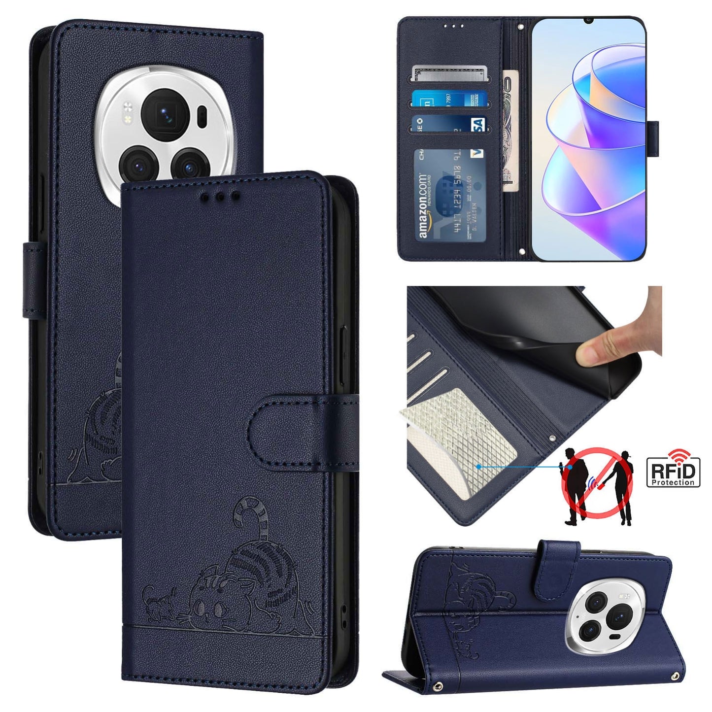 Honor Magic6 Pro 5G Global Cat & Rat Embossed RFID Leather Case, Lanyard, Wallet, Card Slots, Kickstand, Anti-Fall, Scratch-Resistant