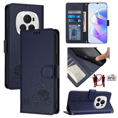 Honor Magic6 Pro 5G Global Cat & Rat Embossed RFID Leather Case, Lanyard, Wallet, Card Slots, Kickstand, Anti-Fall, Scratch-Resistant