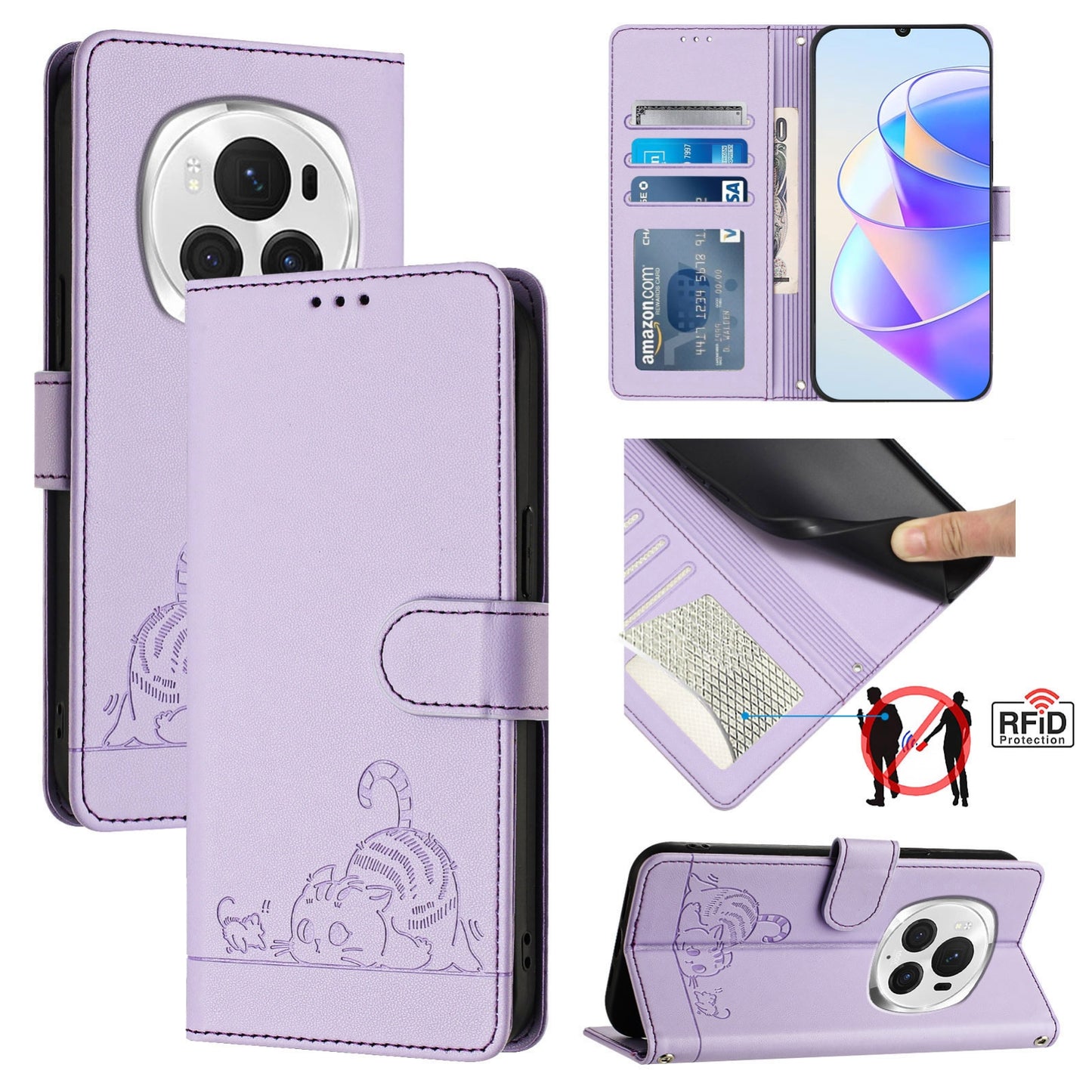 Honor Magic6 Pro 5G Global Cat & Rat Embossed RFID Leather Case, Lanyard, Wallet, Card Slots, Kickstand, Anti-Fall, Scratch-Resistant