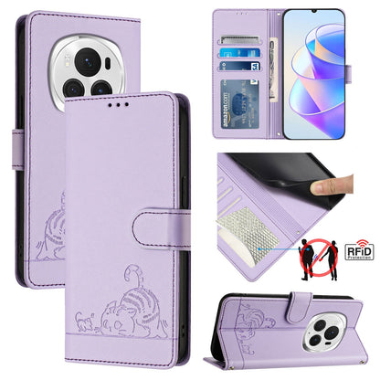 Honor Magic6 Pro 5G Global Cat & Rat Embossed RFID Leather Case, Lanyard, Wallet, Card Slots, Kickstand, Anti-Fall, Scratch-Resistant