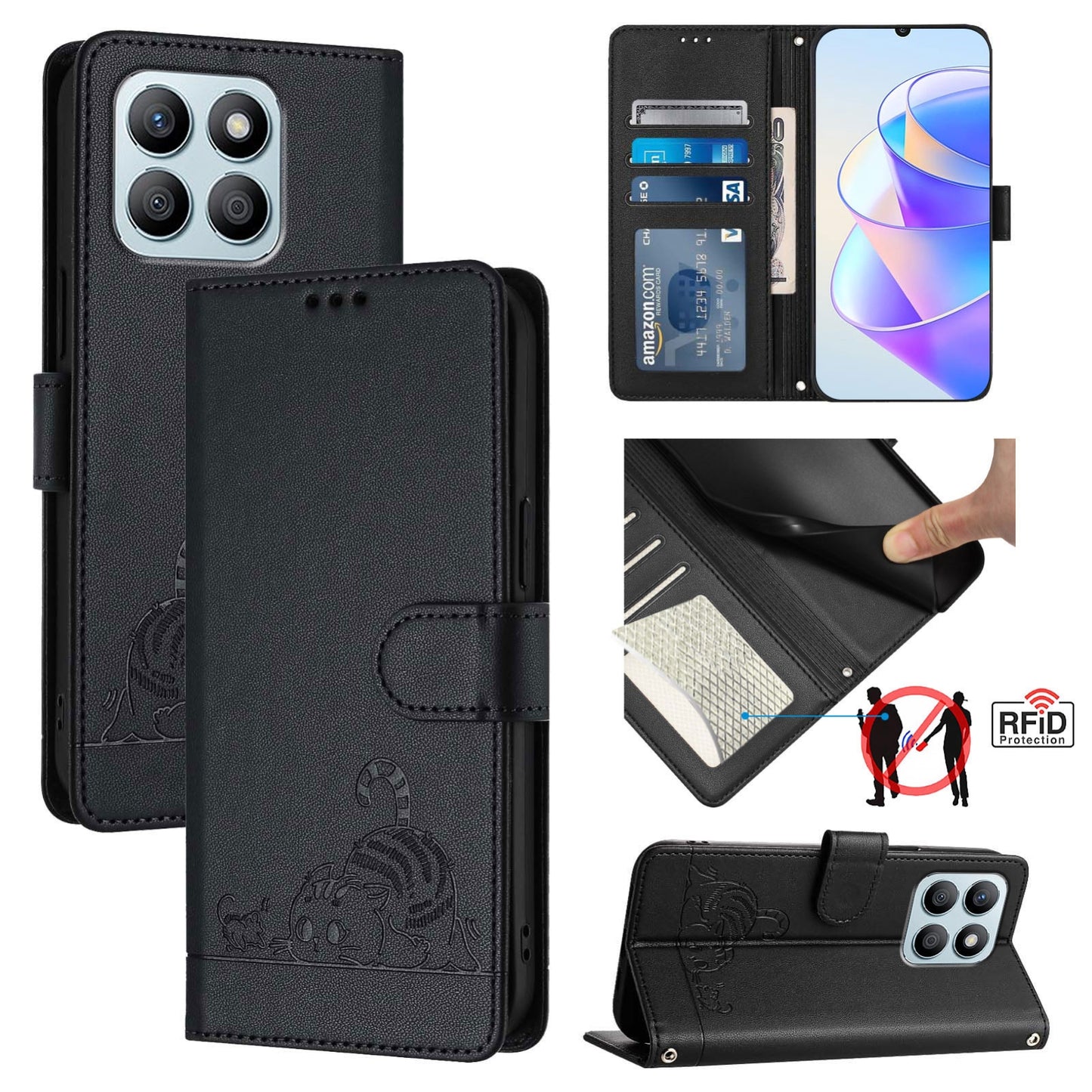 Honor X6a 4G Cat & Rat Embossed RFID Leather Case, Lanyard, Wallet, Card Slots, Kickstand, Anti-Fall, Scratch-Resistant