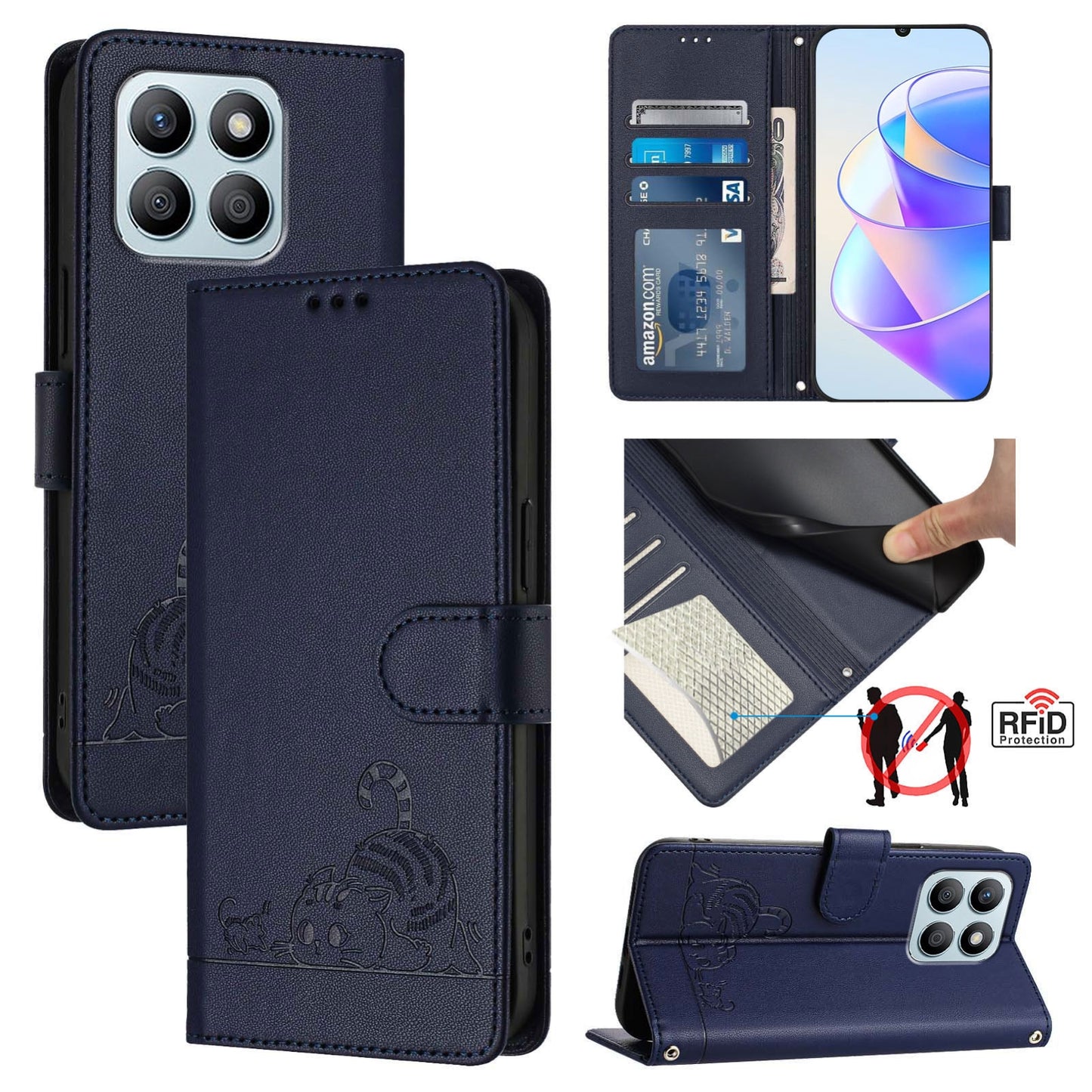 Honor X6a 4G Cat & Rat Embossed RFID Leather Case, Lanyard, Wallet, Card Slots, Kickstand, Anti-Fall, Scratch-Resistant