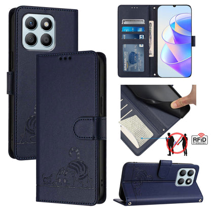 Honor X6a 4G Cat & Rat Embossed RFID Leather Case, Lanyard, Wallet, Card Slots, Kickstand, Anti-Fall, Scratch-Resistant