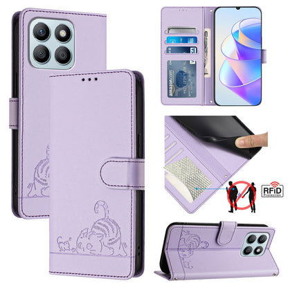 Honor X6a 4G Cat & Rat Embossed RFID Leather Case, Lanyard, Wallet, Card Slots, Kickstand, Anti-Fall, Scratch-Resistant
