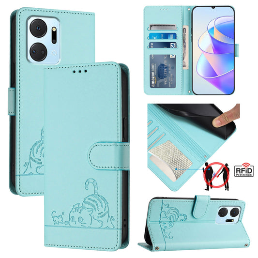 Honor X7a 4G Cat & Rat Embossed RFID Leather Case, Lanyard, Wallet, Card Slots, Kickstand, Anti-Fall, Scratch-Resistant