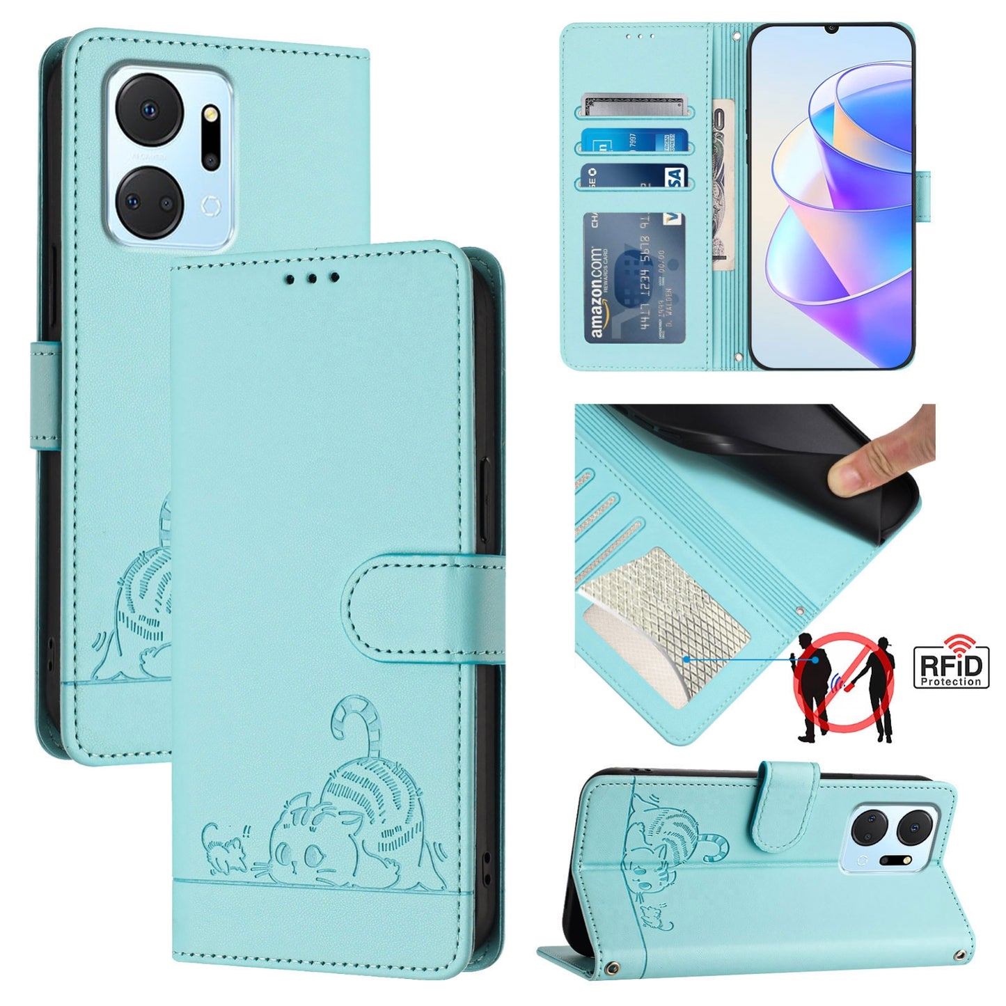 Honor Play7T 5G Cat & Rat Embossed RFID Leather Case, Lanyard, Wallet, Card Slots, Kickstand, Anti-Fall, Scratch-Resistant